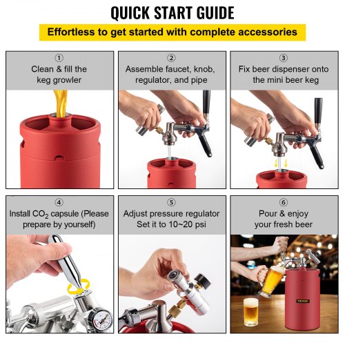 Beer Growler Tap System, 170Oz Mini Keg, 5L Pressurized Beer Growler, 304 Stainless Steel Mini Keg Growler, Comes with Dual Pressure Display CO2 Regulator Faucet 20" Beer Hose Relief Ring, Red
