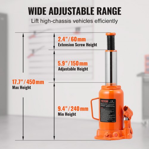 Hydraulic Bottle Jack, 20 Ton/44092 LBS All Welded Bottle Jack, 240-450 mm Lifting Range, with 3-section Long Handle, for Car, Pickup Truck, Truck, RV, Auto Repair, Industrial Engineering