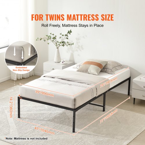 14 Inch Twin Metal Bed Frame Platform, No Box Spring Needed, Embedded Mattress Foundation with Steel Slat Support, Easy Assembly, Noise Free