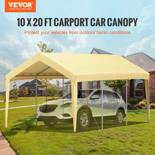10 x 20 ft Carport Car Canopy, Heavy Duty Garage Shelter with 8 Legs, Car Garage Tent for Outdoor Party, Birthday, Garden, Boat, Adjustable Peak Height from 8.3 ft to 10 ft, Yellow