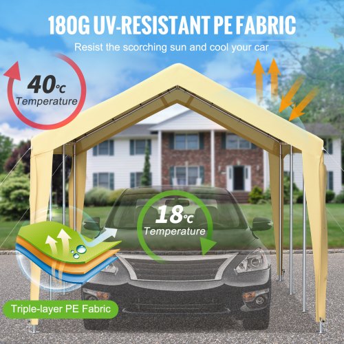 10 x 20 ft Carport Car Canopy, Heavy Duty Garage Shelter with 8 Legs, Car Garage Tent for Outdoor Party, Birthday, Garden, Boat, Adjustable Peak Height from 8.3 ft to 10 ft, Yellow