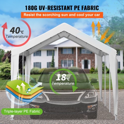 10 x 20 ft Carport Car Canopy, Heavy Duty Garage Shelter with 8 Legs, Car Garage Tent for Outdoor Party, Birthday, Garden, Boat, Adjustable Peak Height from 8.3 ft to 10 ft, White