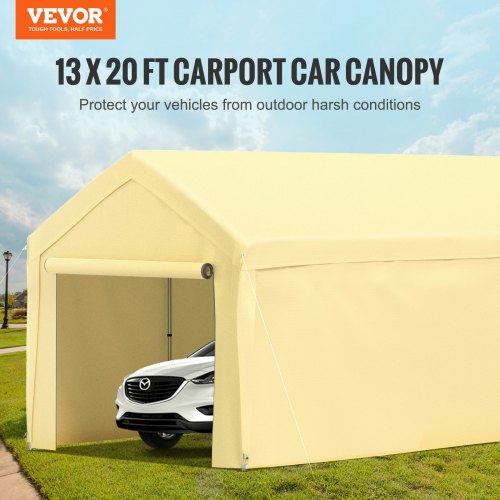 13 x 20 ft Carport Car Canopy, Heavy Duty Garage Shelter with 8 Legs and Removable Sidewalls, Car Garage Tent for Party, Birthday, Boat, Adjustable Peak Height from 9.6 ft to 11.3 ft, Yellow