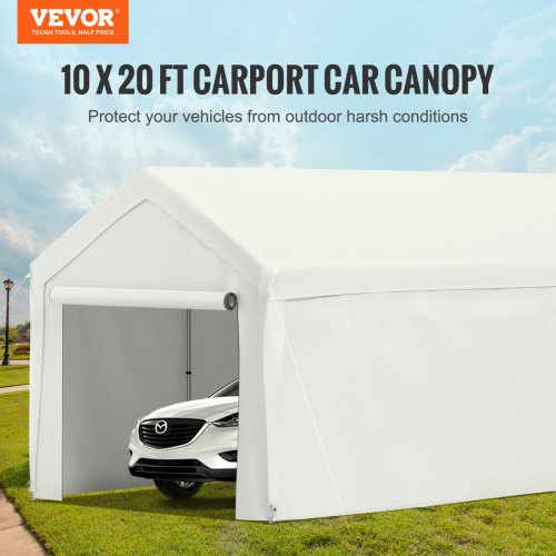 10 x 20 ft Carport Car Canopy, Heavy Duty Garage Shelter with 8 Legs and Removable Sidewalls, Car Garage Tent for Party, Birthday, Boat, Adjustable Peak Height from 8.3 ft to 10 ft, White