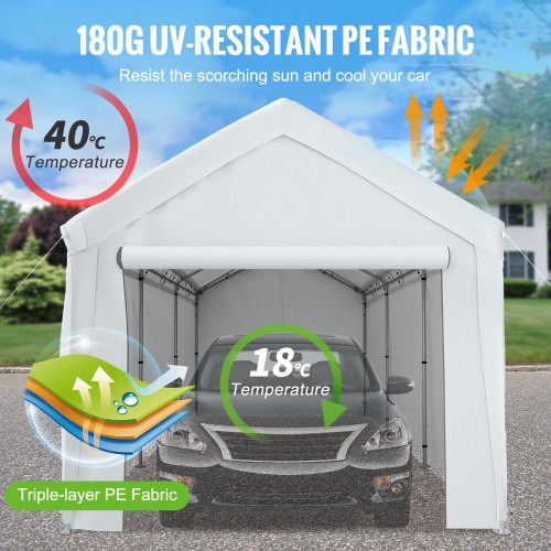 10 x 20 ft Carport Car Canopy, Heavy Duty Garage Shelter with 8 Legs and Removable Sidewalls, Car Garage Tent for Party, Birthday, Boat, Adjustable Peak Height from 8.3 ft to 10 ft, White