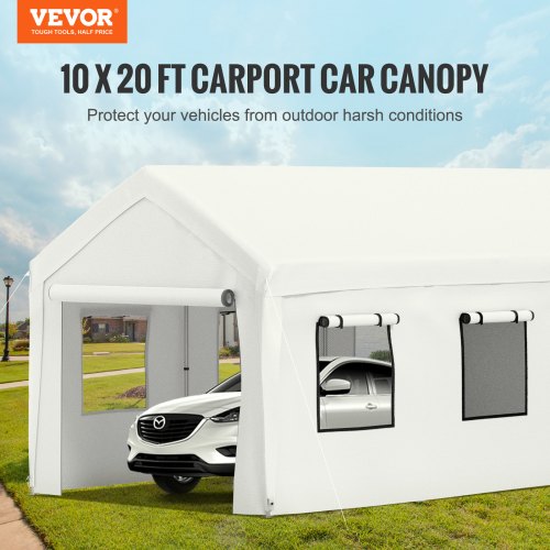 10 x 20 ft Carport Car Canopy, Heavy Duty Garage Shelter with 8 Legs, Removable Sidewalls and Windows, Car Garage Tent for Party, Boat, Adjustable Peak Height from 8.3 ft to 10 ft, White