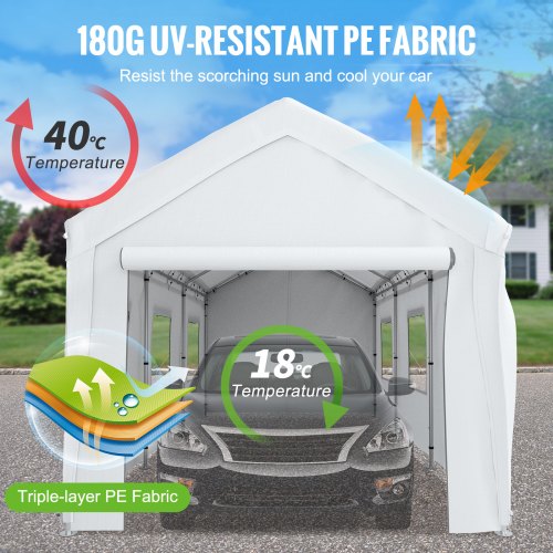10 x 20 ft Carport Car Canopy, Heavy Duty Garage Shelter with 8 Legs, Removable Sidewalls and Windows, Car Garage Tent for Party, Boat, Adjustable Peak Height from 8.3 ft to 10 ft, White