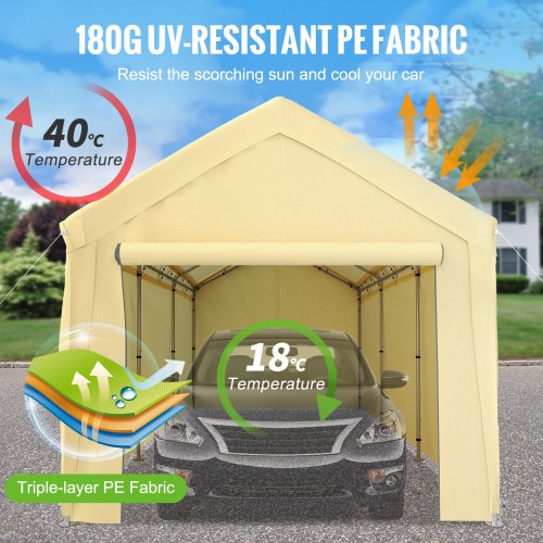 10 x 20 ft Carport Car Canopy, Heavy Duty Garage Shelter with 8 Legs and Removable Sidewalls, Car Garage Tent for Party, Birthday, Boat, Adjustable Peak Height from 8.3 ft to 10 ft, Yellow