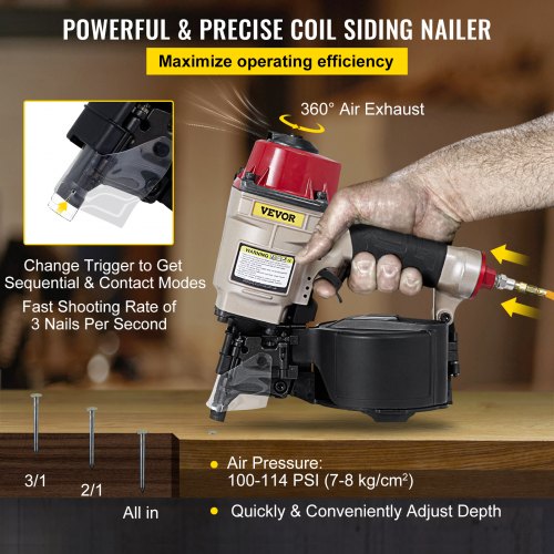 Roofing Nail Gun CN55, Professional Coil Nailer from 1-Inch up to 2-1/4-Inch, Siding Nailer with Adjustable PC Magazine Coil Siding Nailer 15 Degree for Driving Roofing Nails Fast and Hard