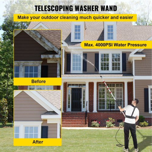 Telescoping Pressure Washer Wand, 20 ft 5-Section Length Adjustable, Max. 4000 PSI Pressure, Fit for 3/8'' Quick Connection w/ Extension Wand, 5 Spray Nozzles, Belt, for Roof, Fence, Gutter