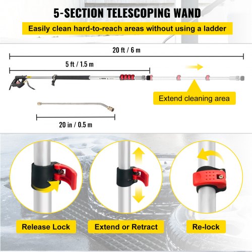 Telescoping Pressure Washer Wand, 20 ft 5-Section Length Adjustable, Max. 4000 PSI Pressure, Fit for 3/8'' Quick Connection w/ Extension Wand, 5 Spray Nozzles, Belt, for Roof, Fence, Gutter