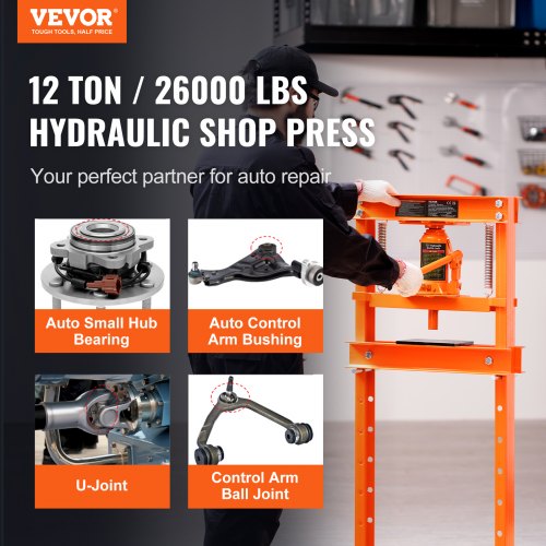Hydraulic, 12 Ton H-Frame Floor, Stamping Plates, Adjustable Working Table Height for Bending or Straightening Metal, Garages, or Homes Shop Press, Orange