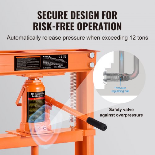 Hydraulic, 12 Ton H-Frame Floor, Stamping Plates, Adjustable Working Table Height for Bending or Straightening Metal, Garages, or Homes Shop Press, Orange