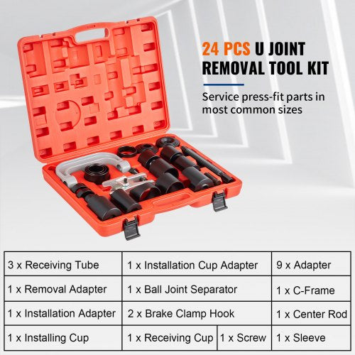 24 PCS Ball Joint Press Kit, U Joint Removal Tool Kit 4WD Adapters, Works on Most 2WD and 4WD Cars & Light Trucks, 45# Steel Brake Anchor Pins Press and Removal Tools w/ Case