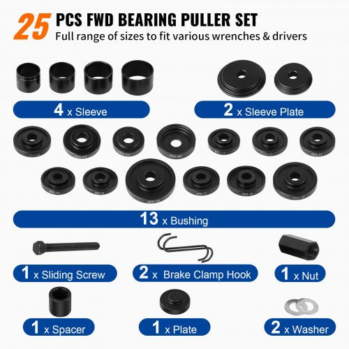 FWD Front Wheel Drive Bearing Adapters Puller, 25 PCS, 45# Steel Press Replacement Installer Removal Tools Kit, Wheel Bearing Puller Tool Works on Most FWD Cars & Light Trucks?
