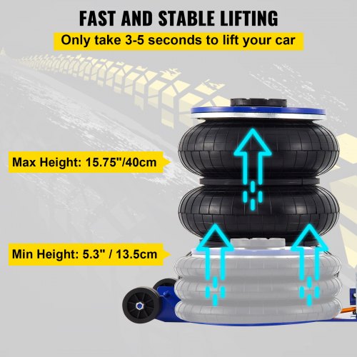 Air Bag Jack 11000lbs Capacity Pneumatic Jack Quick Lift 5T, Heavy Duty, Car Repair Jacks and Floor Jacks, Folding Rod Fast Lifting, Triple Bag, with Two Wheels, Quick Car Lifting Jack, Blue