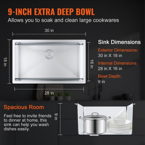 Kitchen Sink, 304 Stainless Steel Drop-In Sinks, Undermount Single Bowl Basin with Accessories(Pack of 3), Household Dishwasher Sinks for Workstation, RV, Prep Kitchen, and Bar Sink, 30 inch