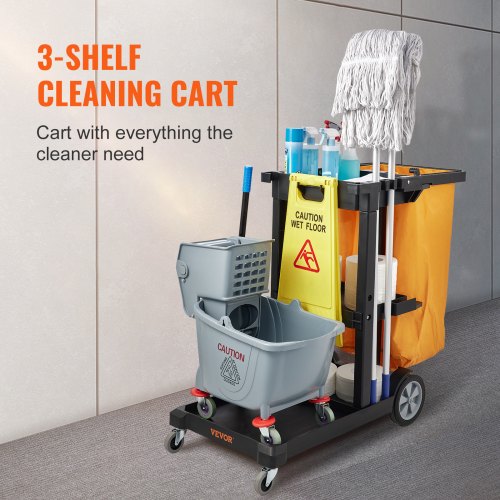 Cleaning Cart, 3-Shelf Commercial Janitorial Cart, 200 lbs Capacity Plastic Housekeeping Cart, with 25 Gallon PVC Bag, 47" x 20" x 38.6", Yellow+Black