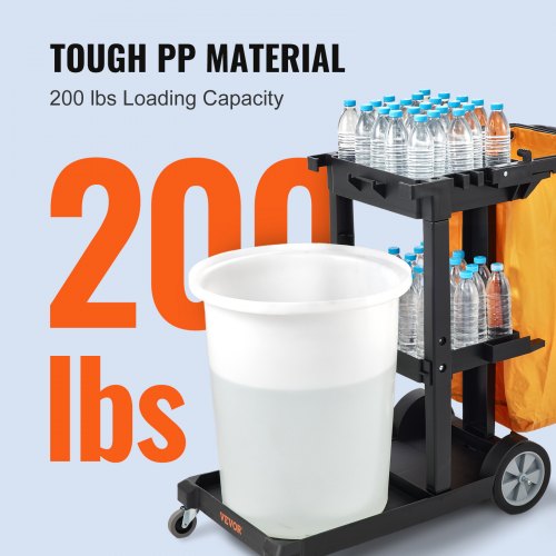 Cleaning Cart, 3-Shelf Commercial Janitorial Cart, 200 lbs Capacity Plastic Housekeeping Cart, with 25 Gallon PVC Bag, 47" x 20" x 38.6", Yellow+Black