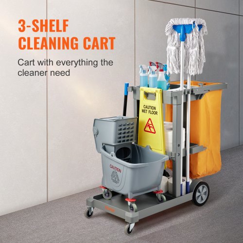 Cleaning Cart, 3-Shelf Commercial Janitorial Cart, 200 lbs Capacity Plastic Housekeeping Cart, with 25 Gallon PVC Bag, 47" x 20" x 38.6", Yellow+Grey