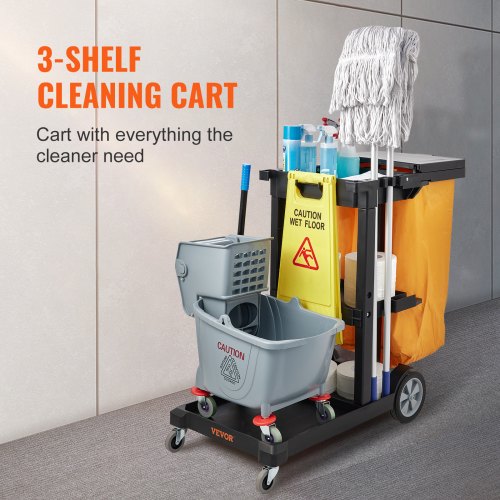 Cleaning Cart, 3-Shelf Commercial Janitorial Cart, 200 lbs Capacity Plastic Housekeeping Cart, with 25 Gallon PVC Bag and Cover, 47" x 20" x 38.6", Yellow+Black