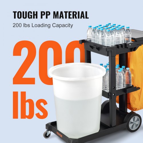 Cleaning Cart, 3-Shelf Commercial Janitorial Cart, 200 lbs Capacity Plastic Housekeeping Cart, with 25 Gallon PVC Bag and Cover, 47" x 20" x 38.6", Yellow+Black