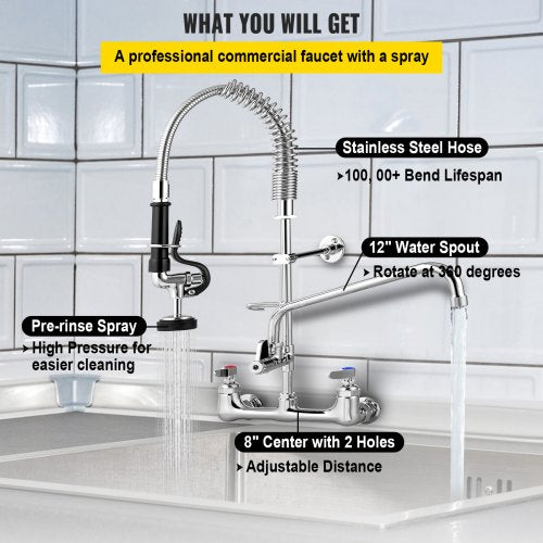 Commercial Faucet with Sprayer, 8" Adjustable Center Wall Mount Kitchen Faucet with 12" Swivel Spout, 21" Height Compartment Sink Faucet for Industrial Restaurant, Lead-free Brass