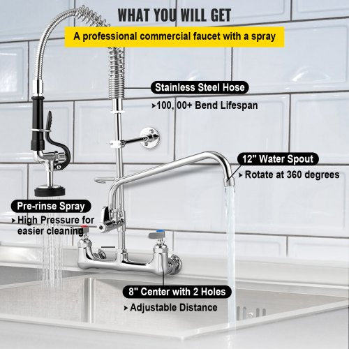 Commercial Faucet with Sprayer, 8" Adjustable Center Wall Mount Kitchen Faucet with 12" Swivel Spout, 24" Height Compartment Sink Faucet for Industrial Restaurant, Lead-free Brass