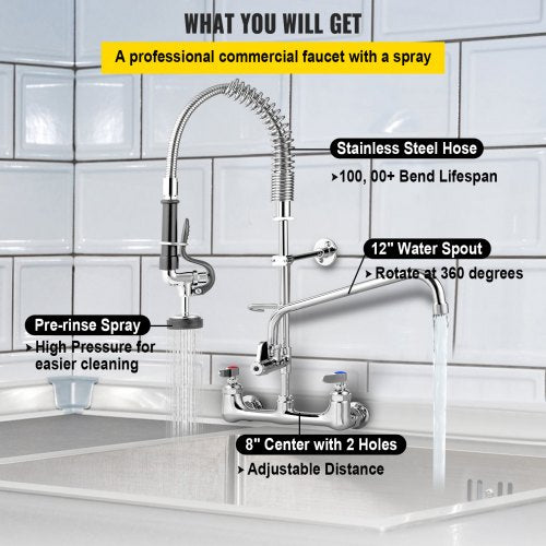 Commercial Faucet with Sprayer, 8" Adjustable Center Wall Mount Kitchen Faucet with 12" Swivel Spout, 36" Height Compartment Sink Faucet for Industrial Restaurant, Lead-free Brass