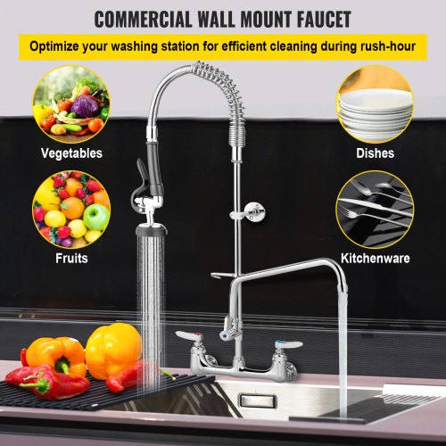 Commercial Faucet with Sprayer, 8" Adjustable Center Wall Mount Kitchen Faucet with 12" Swivel Spout, 43" Height Compartment Sink Faucet for Industrial Restaurant, Lead-free Brass