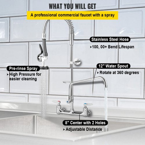 Commercial Faucet with Sprayer, 8" Adjustable Center Wall Mount Kitchen Faucet with 12" Swivel Spout, 43" Height Compartment Sink Faucet for Industrial Restaurant, Lead-free Brass
