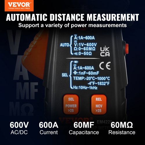Digital Clamp Meter T-RMS, 6000 Counts, 600A Clamp Multimeter Tester, Measures Current Voltage Resistance Diodes Continuity Data Retention, NCV for Home Appliance, Railway Industry Maintenance