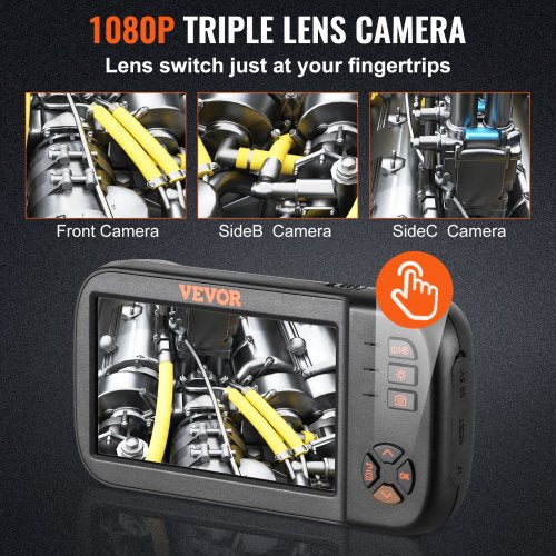 Triple Lens Endoscope Camera, 4.5" IPS Screen Borescope Inspection Camera with 1080P Lens, Semi-rigid Snake Cable, 8 Lights, 2860 mAh Battery, Waterproof Endoscope for Auto, Wall, Drain