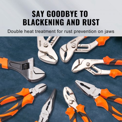 Pliers Set, 8-Piece, High Carbon Steel, 12"/10"/8" Groove Joint Pliers, 8" Linesman's Pliers, 6" Slip Joint Pliers, 8" Long Nose Pliers, 6" Diagonal Cutter, 10" Adjustable Wrench, and Tool Bag