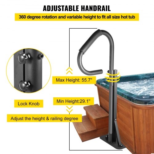 Hot Tub Handrail, 57" Spa Side Handrail with Slide-under Mount Base, 600 LBS Load Spa Step Hot Tub, Stainless Steel Spa Side Step, Spa Side Under Mount Rail with Sensor Light for Indoor, Outdoor