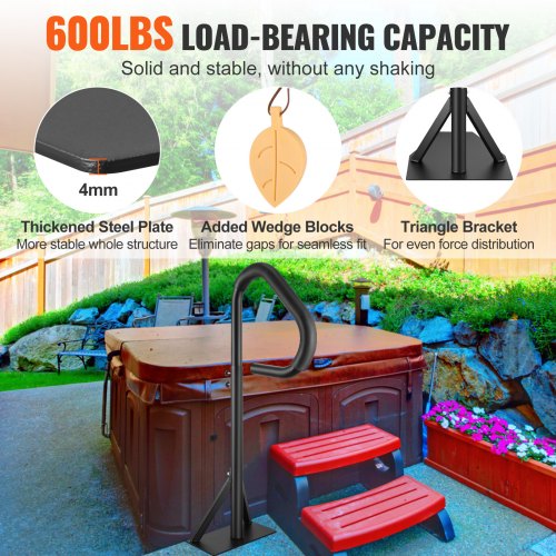 Hot Tub Handrail, 360 Rotatable Spa Side Handrail with 35"-57" Adjustable Height, Rust-proof Aluminum Spa Step Hot Tub Hand Rail with Slide-Under Mount Base for Indoor & Outdoor, 600LBS Capacity