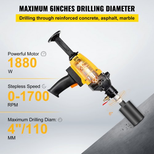 110mm Diamond Core Drilling Machine, 1880W Diamond Percussion Core Drill,Spindle Thread: 1-1/4Inch UNC, Wet & Dry Handheld Diamond Core Drill Heavy Duty for Diamond Concrete Drilling