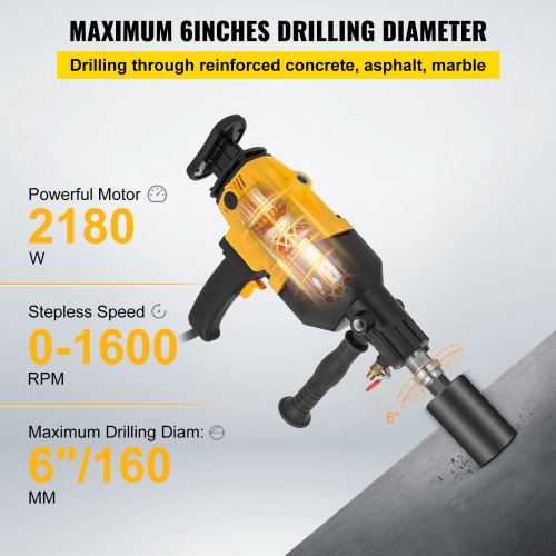 160MM Diamond Core Drilling Machine 2180W Diamond Percussion Core Drill Wet & Dry Handheld Diamond Core Drill Heavy Duty for Diamond Concrete Drilling