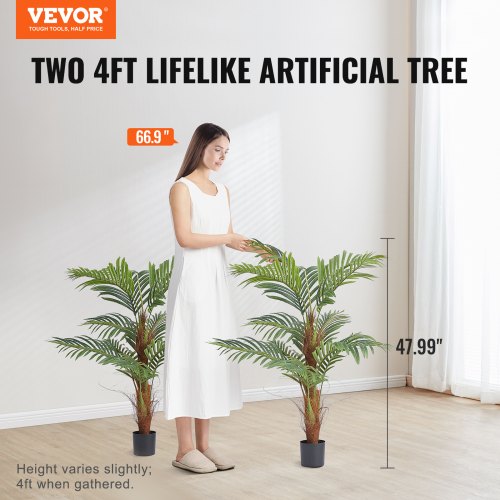 Artificial Palm Tree, 4 FT Tall Faux Plant, Secure PE Material & Anti-Tip Tilt Protection Low-Maintenance Plant, Lifelike Green Fake Tree for Home Office Warehouse Decor Indoor Outdoor