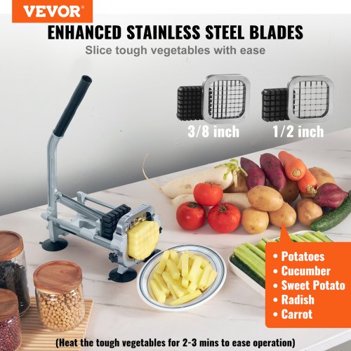 French Fry Cutter, Potato Slicer with 1/2-Inch and 3/8-Inch Stainless Steel Blades, Manual Potato Cutter Chopper with Suction Cups, Great for Potato, French Fries, Cucumber, Vegetables, Carrot