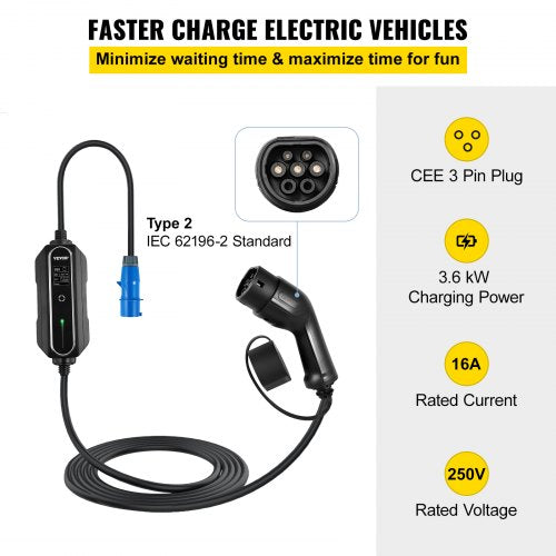 Portable EV Charger, Type 2 16A, Electric Vehicle Charger 7.5 Metre Charging Cable with CEE 3 Pin Plug, Digital Screen, 3.6 kW WaterProof IEC 62196-2 Home EV Charging Station with Carry Bag, CE