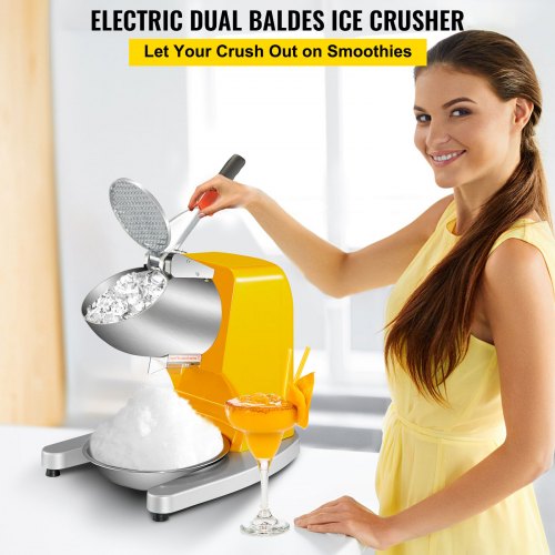 Electric Ice Shaver Crusher Snow Cone Maker Machine with Dual Stainless Steel Blades 210LB/H Shaved Ice Machine 300W 1450 RPM with Ice Plate & Additional Blade for Home and Commercial Use Yellow