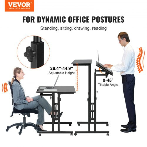 Mobile Standing Desk, 26.4"-44.9" Gas-Spring Height Adjustable Sit-Stand Desk, 360° Swivel Wheels (4 Lockable) Home Office Rolling Laptop Table & 0-45° Tiltable Desktop, 2 Hooks, 40LBS Loading