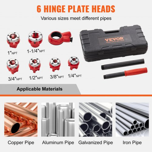 Ratchet Pipe Threader Kit, 1/4" NPT - 1-1/4" NPT Manual Ratcheting Pipe Threader, Portable Pipe Threading Tool Set with 6PCS NPT Dies, Storage Case for Galvanized Aluminum Iron Copper Pipes