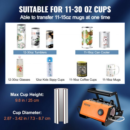 Mug Heat Press, 30oz Tumbler Heat Press Machine, Sublimation Transfer 11-15oz 16-25oz 30oz Straight Skinny Tumblers, Cup Heat Press with Heat-resist Gloves & Tape, DIY Ceramic Mugs Cups Glasses