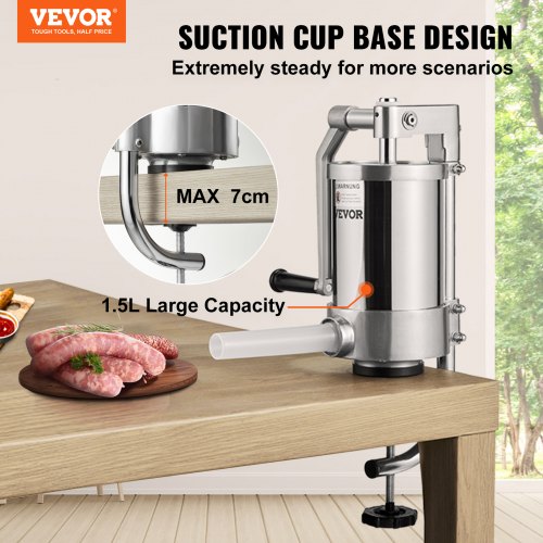 Sausage Stuffer, 2.5LBS/1.5L Capacity, 304 Stainless Steel Vertical Sausage Stuffer, Sausage Filling Machine with 3 Stuffing Tubes, Suction Base and Manual Crank for Household or Commercial Use