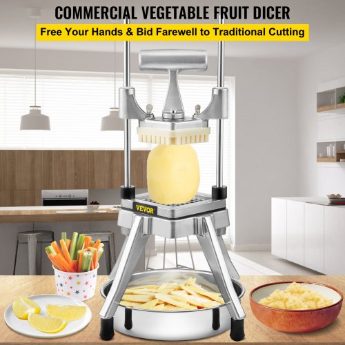 Commercial Vegetable Fruit Chopper, Stainless Steel French Fry Cutter w/ 4 Blades 1/4" 3/8" 1/2", Vegetable Chopper Dicer w/ Stainless Bowl, Heavy Duty Cutter for Potato Tomato Onion Mushroom