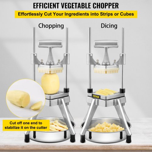Commercial Vegetable Fruit Chopper, Stainless Steel French Fry Cutter w/ 4 Blades 1/4" 3/8" 1/2", Vegetable Chopper Dicer w/ Stainless Bowl, Heavy Duty Cutter for Potato Tomato Onion Mushroom