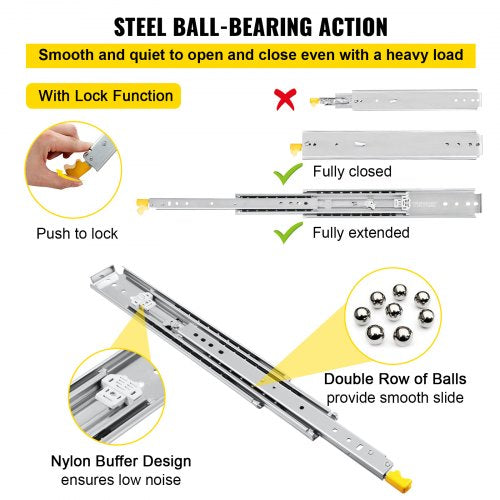 Drawer Slides with Lock, 1 Pair 20 inch, Heavy-duty Industrial Steel up to 500 lbs Capacity, 3-Fold Full Extension, Ball Bearing Lock-in & Lock-Out, Side Mount