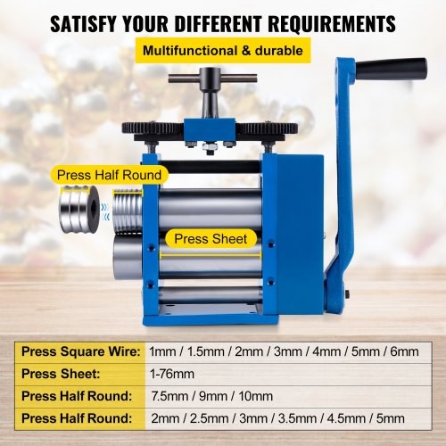 Rolling Mill 4.4"/112mm Jewelry Rolling Mill Machine Gear Ratio 1:2.5 Wire Roller Mill 0.1-7mm Press Thickness Manual Combination Rolling Mill w/ Iron Roller for Jewelry Sheet Semicircle Pattern